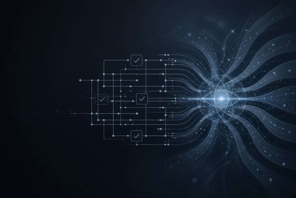 Abstract illustration showing rigid geometric workflow pathways on the left transitioning into flowing interconnected data streams converging on a glowing central core on the right, against a dark blue background.