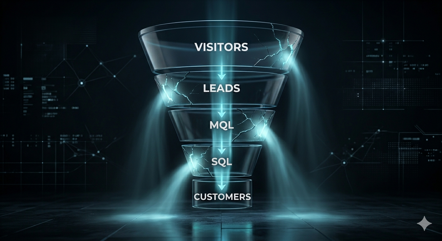 Cracked sales funnel showing lead leakage at every stage of the B2B pipeline