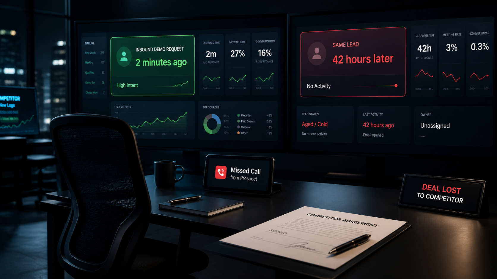 78% of buyers choose the first vendor to respond. The average B2B lead response time is 42 hours. Nobody owns the moment between interest and engagement, and that gap is where deals disappear.
