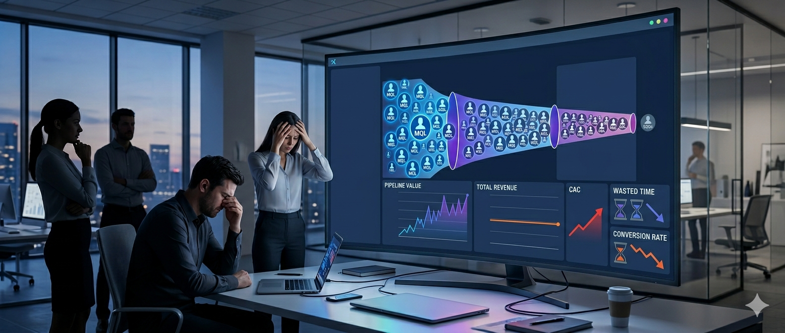 Sales team reviewing an MQL-heavy dashboard with rising CAC and low conversions.