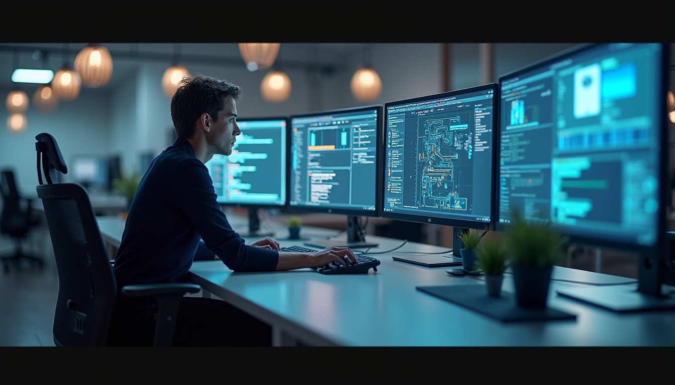 A modern workspace showcasing AI tools for efficiency.